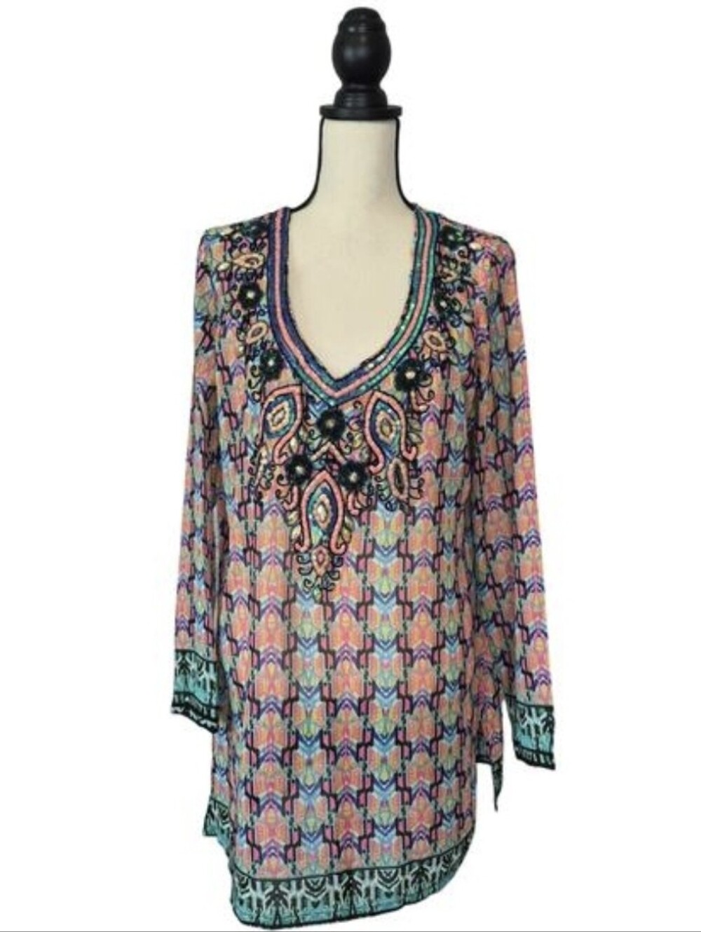 Lucky & Coco Sequin Embroidered V-Neck Kaftan Tunic Swim Coverup Top Size L